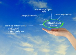 Hand holding "motivational forces"  which is acted on by Self-Regulation Goals, Design/Rewinds, Personality, and Social Influences