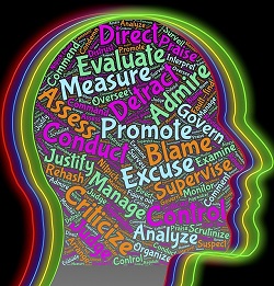 outline of head with wordlcloud containing: Direct, Evaluate, Measure, Admire, Detract, Promote, Blame, Excuse, Supervise, Control, Analyze