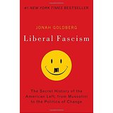 bookcover for Liberal Fascism, showing a smiley face with a Hitler moustache