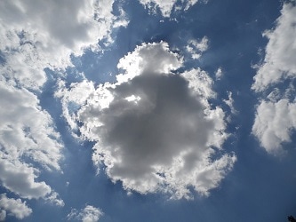 Sun shining behind a cloud in a blue sky