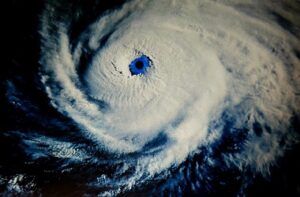 Overhead view of a hurrican and its eye