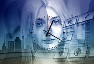 Girl with a clock face on her face with icons and a city skyline in the background